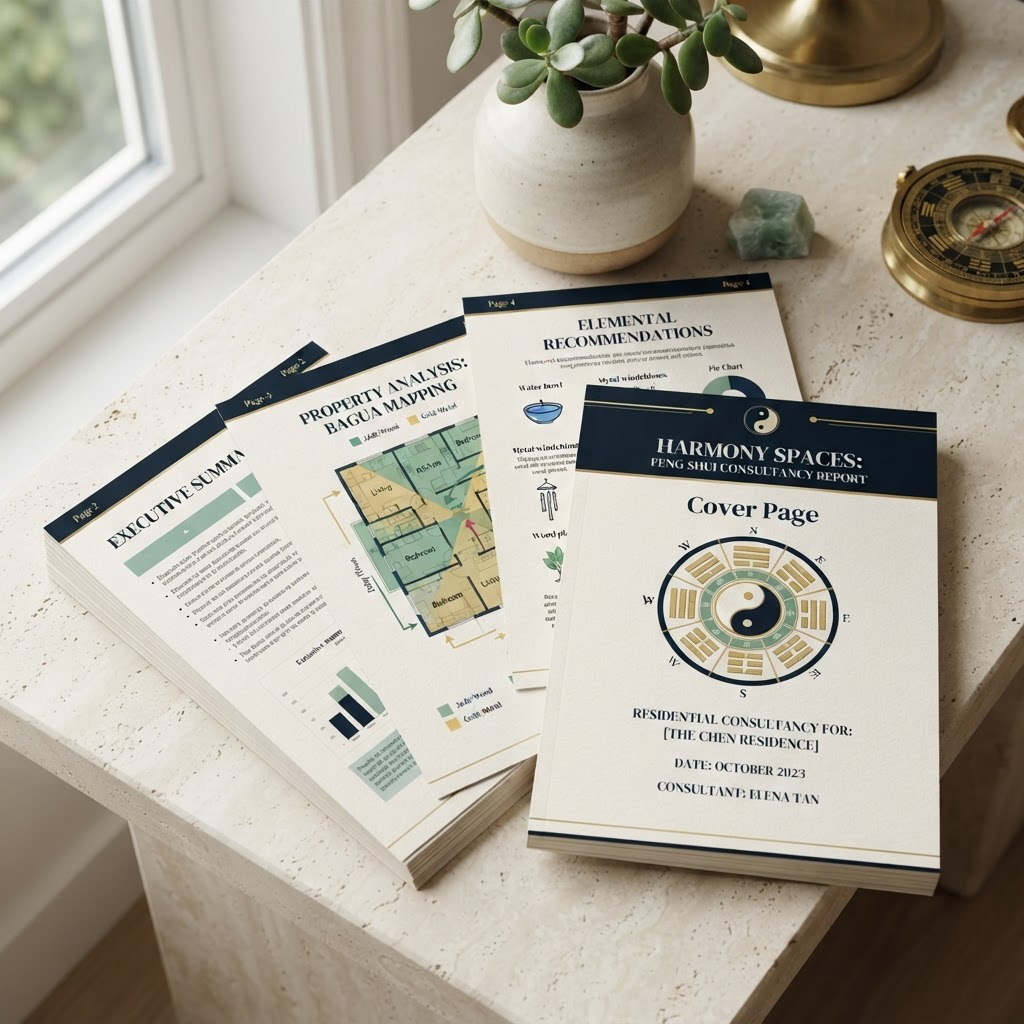 Capa do relatório de consultoria Feng Shui em PDF com a marca do consultor