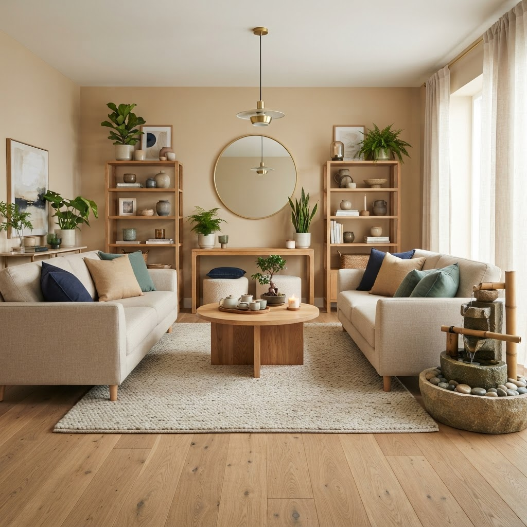 Sala de estar clara e harmonizada com plantas e luz natural
